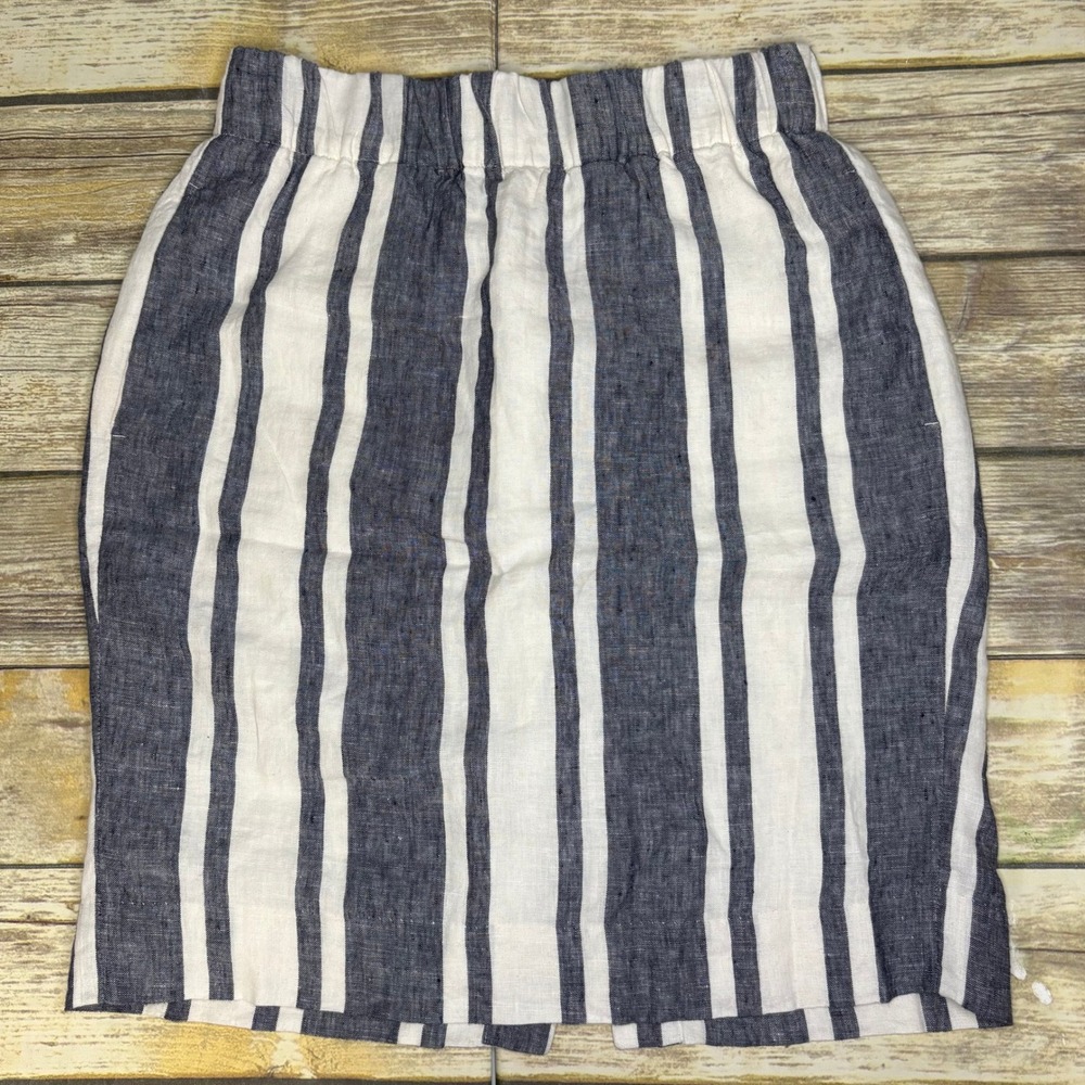 J. Crew 100% Linen Blue White Nautical Stripe Elastic Waist Pull On Skirt Sz XS